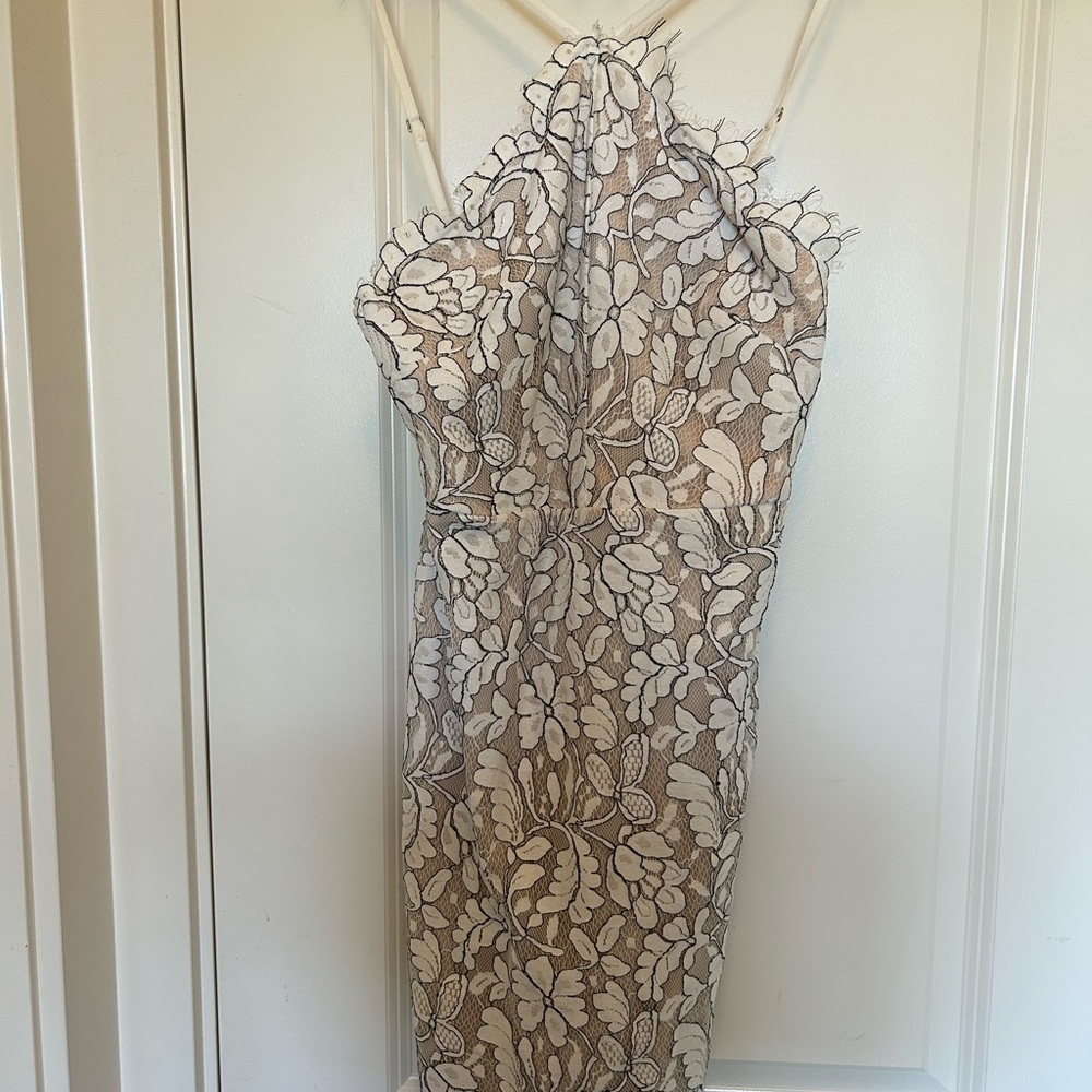 Lulu's Strapless Floral Lace Dress in Cream and Brown